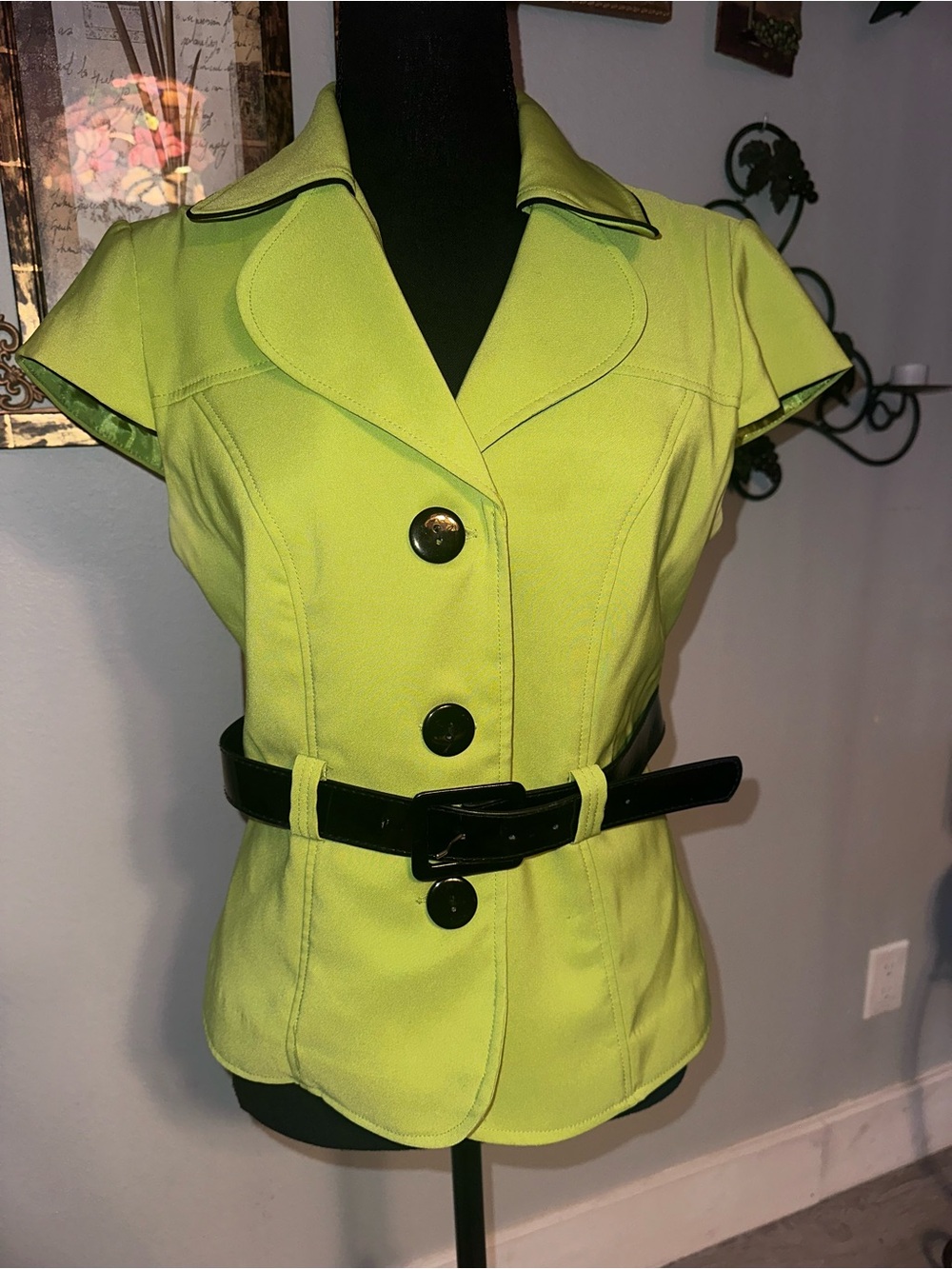 Vintage Studio I Short Sleeve Lime Green Collared Belted Blazer Jacket